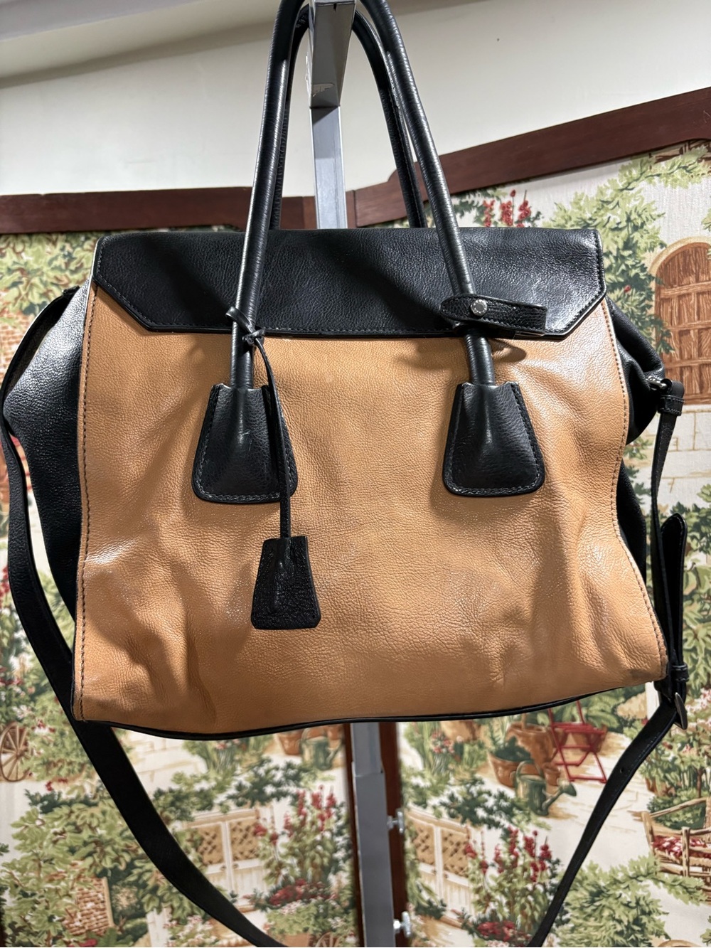 Prada Glance Pomice Two-Tone Tan and Black Leather Satchel - Picture 2 of 16